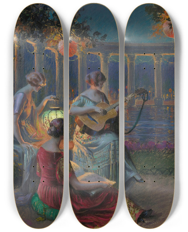 Triptych art skateboard deck of Delphin Enjolras Soir De Fte by Delphin Enjolras (1857-1945)