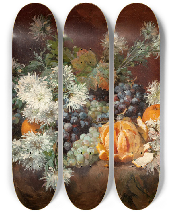 Triptych art skateboard deck of Louis Marie De Schryver Still Life With Fruits And Flowers by Louis Marie De Schryver (1862-1942)