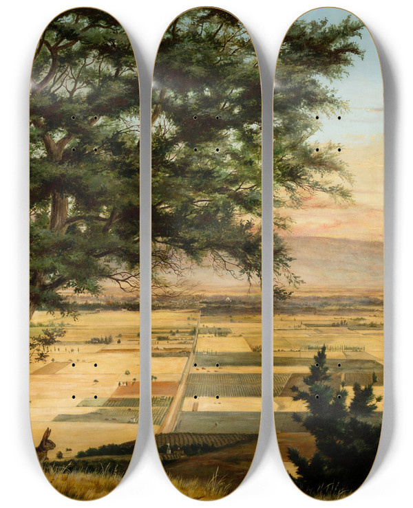 Triptych art skateboard deck of Harold G Peelor Santa Clara Valley by Harold G Peelor (1856-1940)
