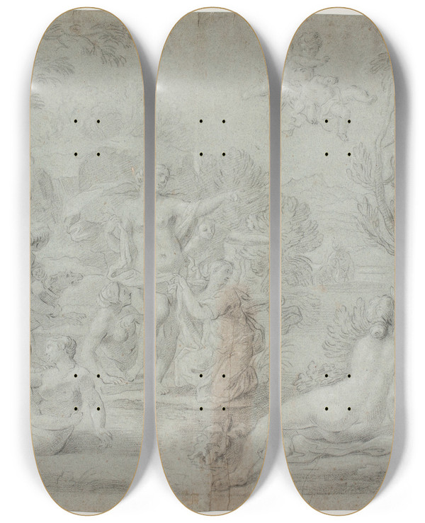 Triptych art skateboard deck of Hendrik Krock Diana And Actaeon by Hendrik Krock (1671-1738)