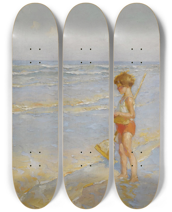 Triptych art skateboard deck of Charles Atamian Playing On The Beach_1 by Charles Atamian (1872-1947)
