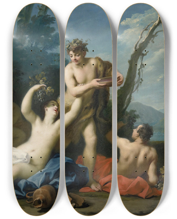 Triptych art skateboard deck of Jacopo Amigoni Bacchus And Ariadne by Jacopo Amigoni (1682-1752)