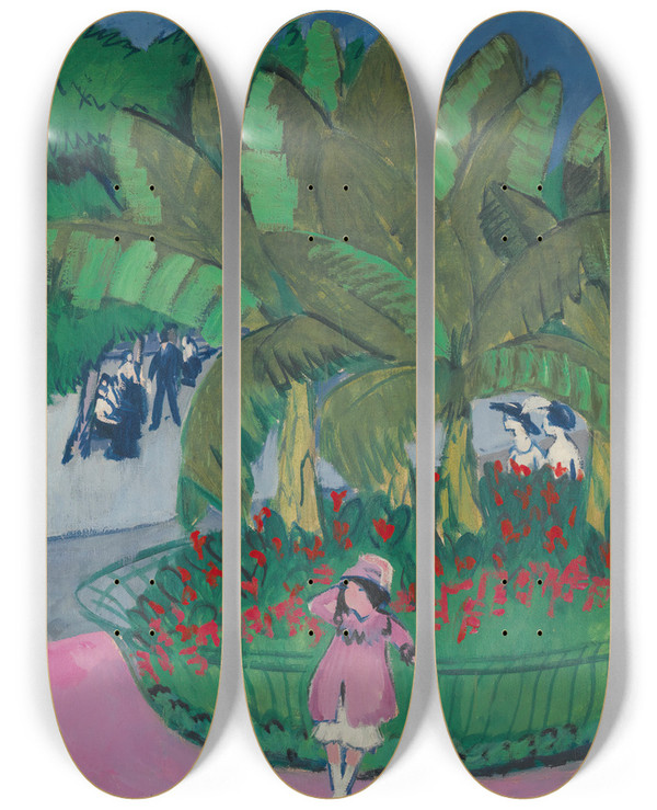 Triptych art skateboard deck of Ernst Ludwig Kirchner The Bosquet Albertplatz In Dresden by Ernst Ludwig Kirchner (1880-1938)