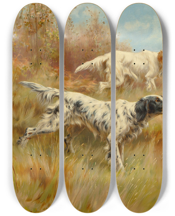 Triptych art skateboard deck of Thomas Blinks English Setters On Point by Thomas Blinks (1853-1912)