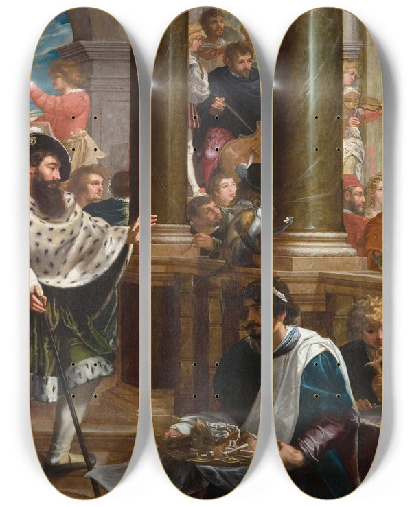 Triptych art skateboard deck of Isaac Isaacsz A Feast by Isaac Isaacsz (1598-1649)