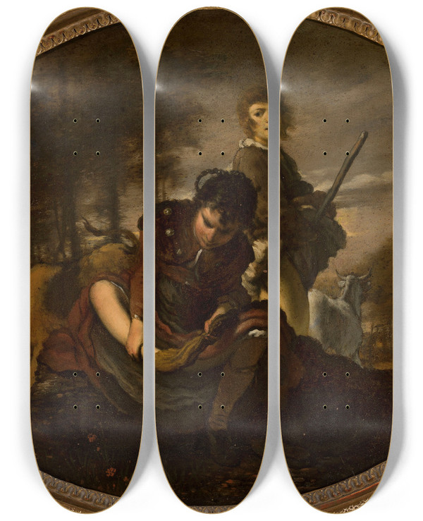 Triptych art skateboard deck of Carel De Moor Ii Preparations Before Crossing The River by Carel de Moor II (1655-1738)