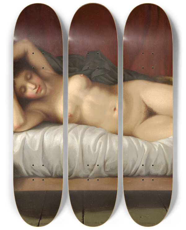 Triptych art skateboard deck of Christoffer Wilhelm Eckersberg Liggende Model by Christoffer Wilhelm Eckersberg (1783-1853)