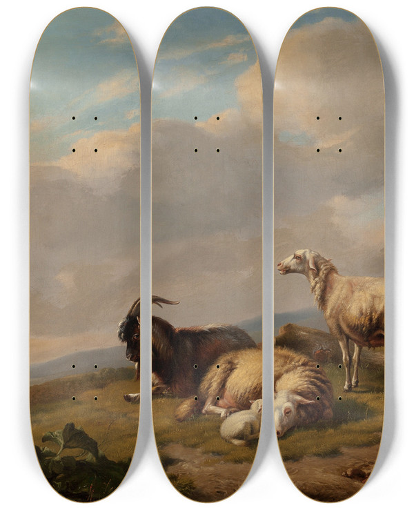 Triptych art skateboard deck of Eugne Joseph Verboeckhoven Sheep And Goats In A Landscape by Eugene Joseph Verboeckhoven (1798-1881)