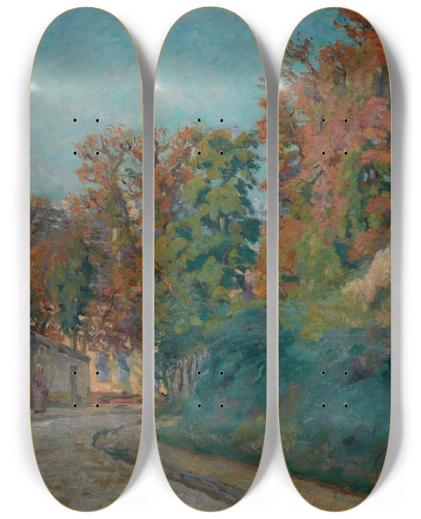 Triptych art skateboard deck of Armand Guillaumin La Promenade Une Rue En Iledefrance by Armand Guillaumin (1841-1927)