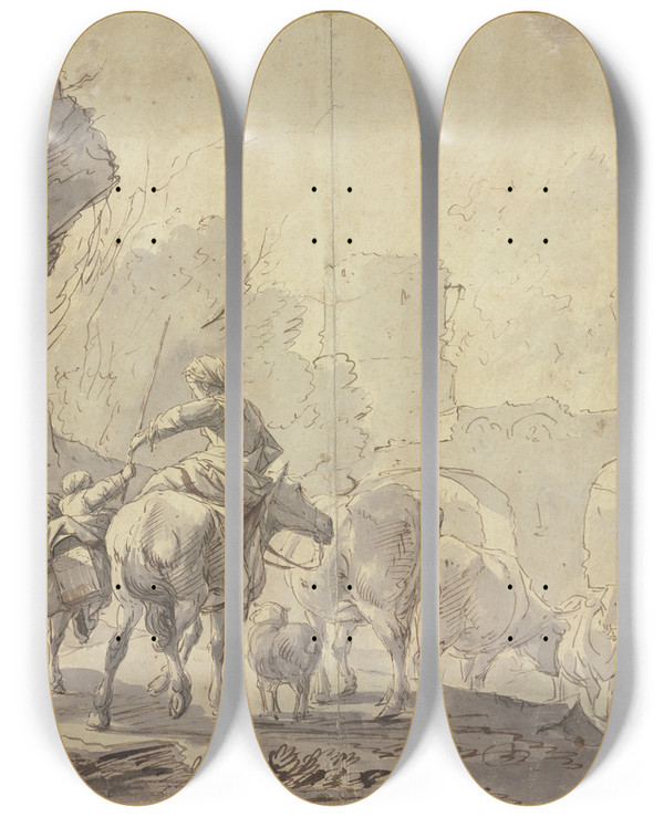 Triptych art skateboard deck of Johann Heinrich Roos Eine Herde Zieht Durch Wasser Unter Einem Brckenbogen Durch Gefolgt Von Einer Hirtin Zu Pferde Einem Kinde Zu Esel Und Dem Hirten Zu Fu by Johann Heinrich Roos (1631-1685)