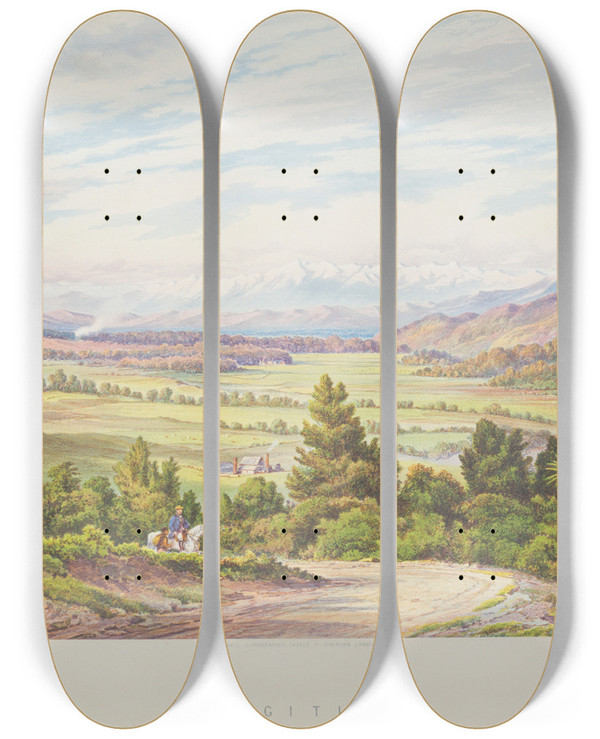 Triptych art skateboard deck of Charles Decimus Barraud New Zealand Graphic And Descriptive Rangitikei by Charles Decimus Barraud (1822-1897)