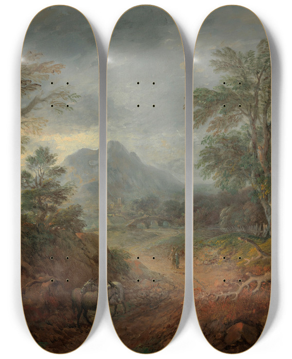 Triptych art skateboard deck of Thomas Gainsborough A Wooded Landscape With Donkeys And Figures On A Path by Thomas Gainsborough (1727-1788)