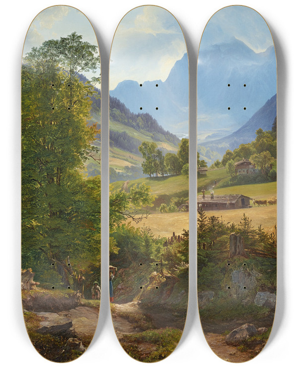 Triptych art skateboard deck of Friedrich Loos Die Ramsau Bei Berchtesgaden by Friedrich Loos (1797-1890)