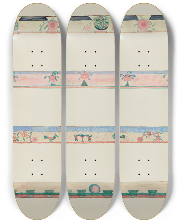 Triptych art skateboard deck of Margery Parish Vigas by Margery Parish