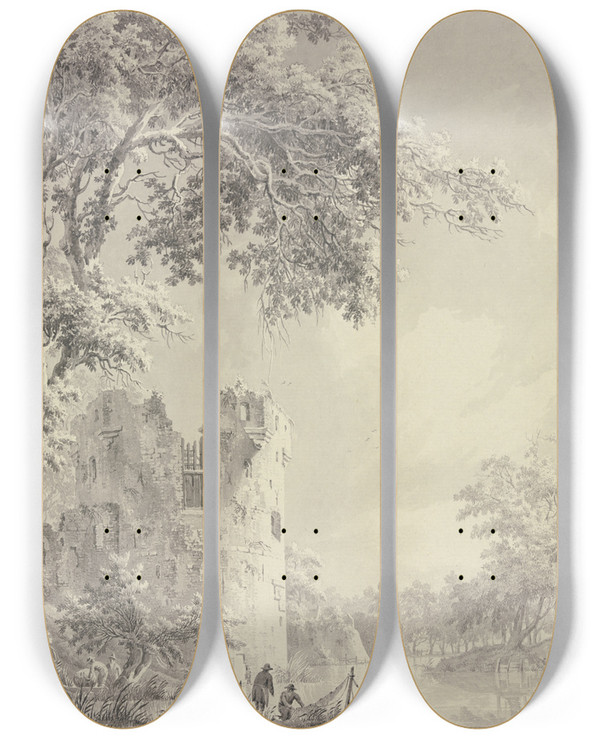 Triptych art skateboard deck of Paulus Van Liender Links Eine Turmruine Am Wasser Rechts Eine Brcke Vorne Zwei Fischer Bei Einem Netz by Paulus Van Liender (1731-1797)