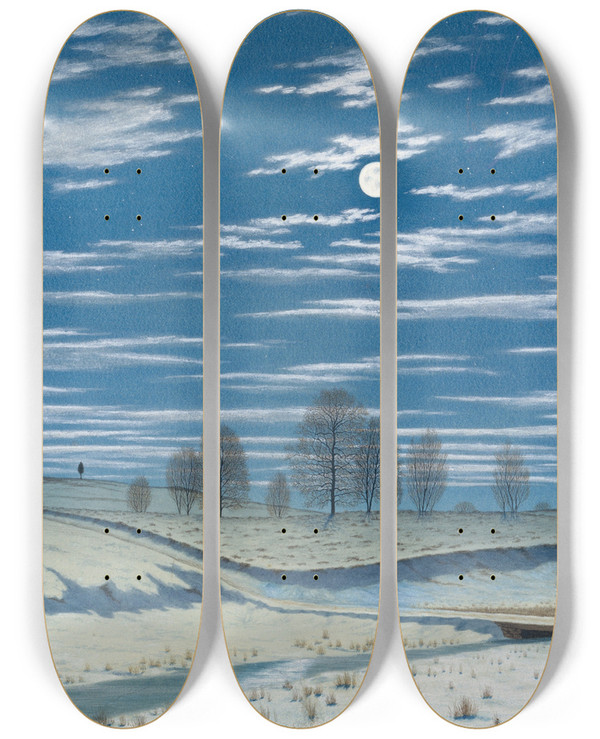 Triptych art skateboard deck of Henry Farrer Winter Scene In Moonlight by Henry Farrer (1843-1903)