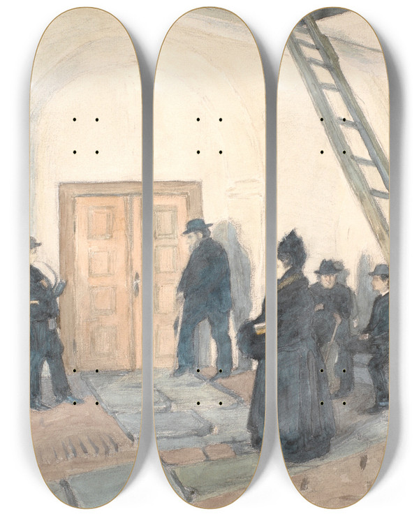 Triptych art skateboard deck of Niels Bjerre Fra En Landsbykirkes Vbenhus by Niels Bjerre (1864-1942)