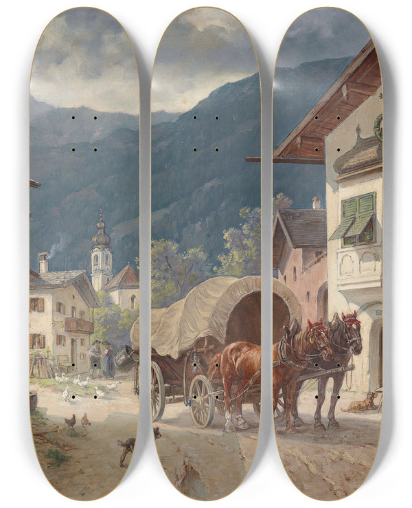 Triptych art skateboard deck of Dsir Thomassin Rast Vor Dem Wirtshaus by Desire Thomassin (1858-1933)