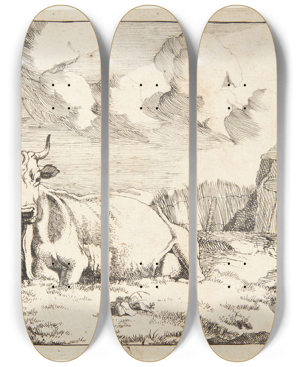 Triptych art skateboard deck of Marcus De Bye Liggende Ko_4 by Marcus de Bye (1638-1688)