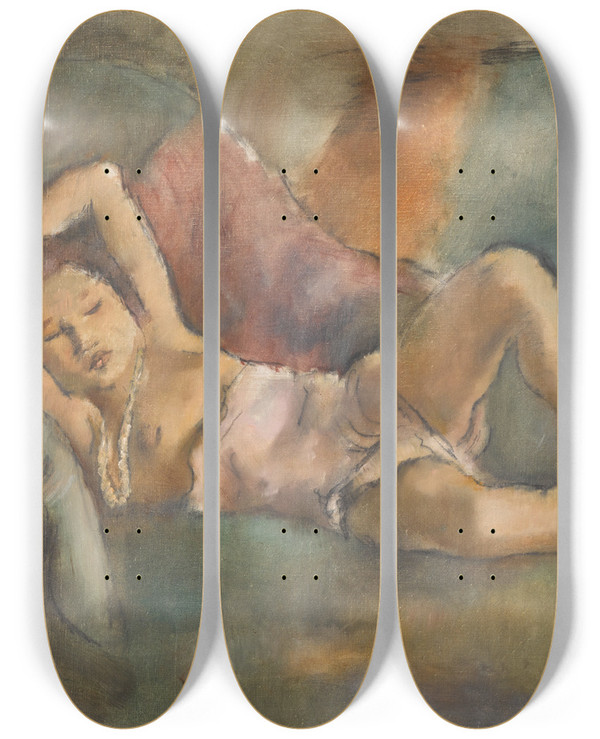 Triptych art skateboard deck of Jules Pascin La Fille Endormie by Jules Pascin (1885-1930)