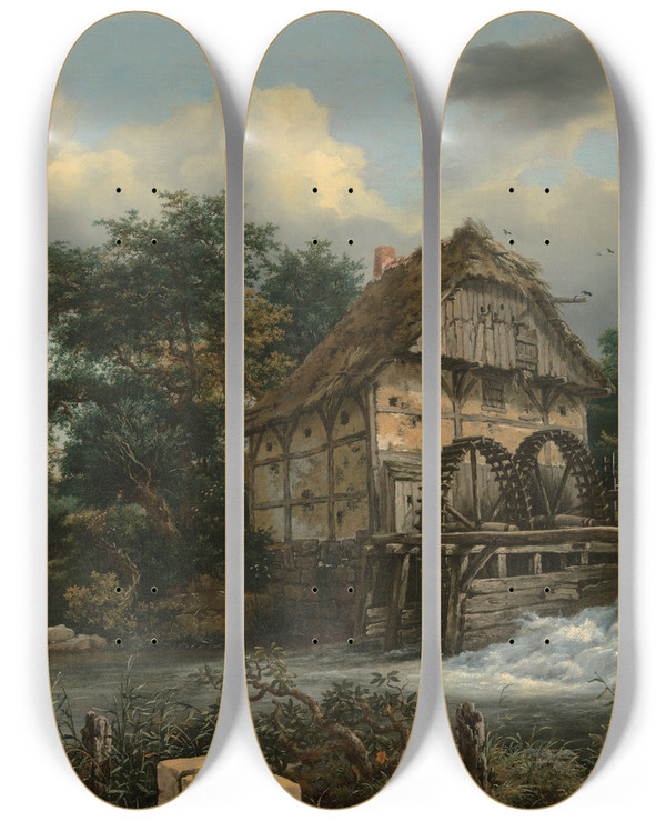 Triptych art skateboard deck of Jacob Van Ruisdael Two Watermills And An Open Sluice by Jacob Van Ruisdael (1628-1682)