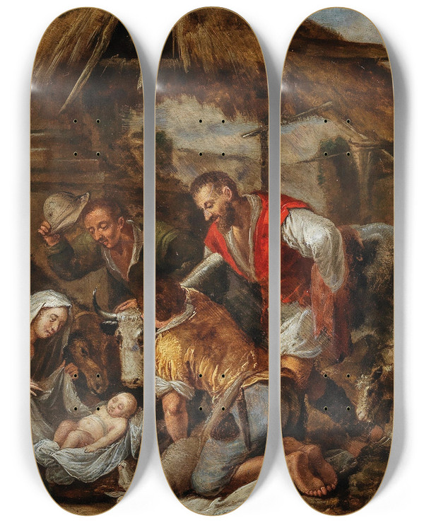 Triptych art skateboard deck of Follower Of Jacopo Da Ponte The Adoration Of The Shepherds by Follower of Jacopo da Ponte (1510-1592)
