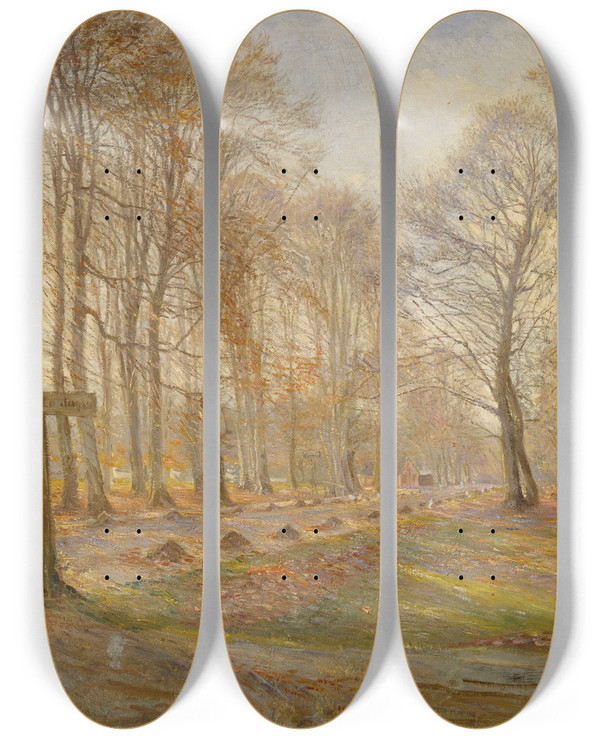 Triptych art skateboard deck of Theodor Philipsen Late Autumn Day In The Jgersborg Deer Park North Of Copenhagen by Theodor Philipsen (1840-1920)