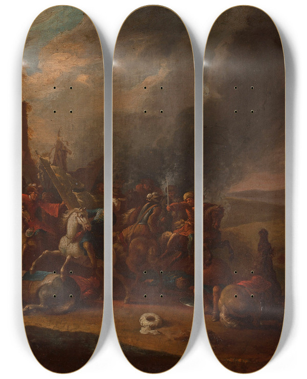 Triptych art skateboard deck of Arnold Frans Rubens Battle With The Turks by Arnold Frans Rubens (1687-1719)