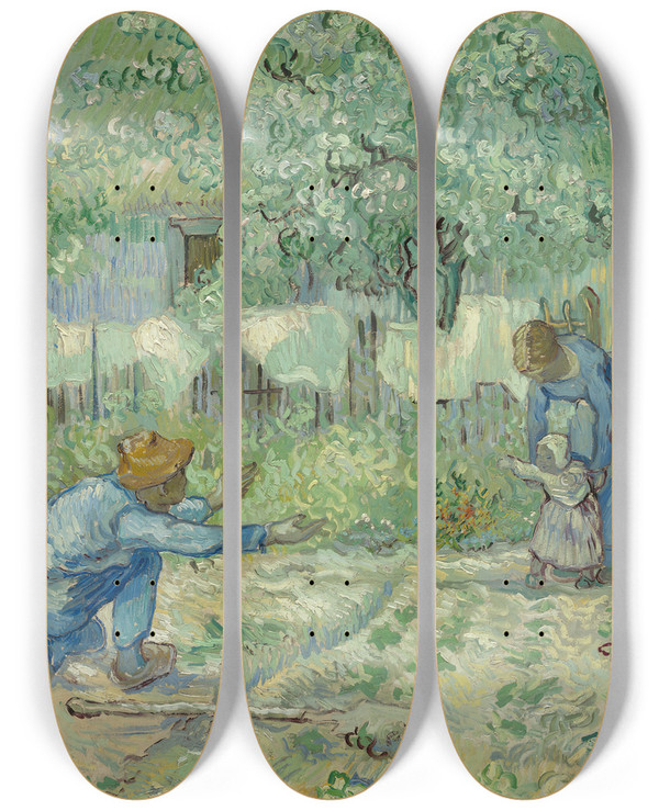 Triptych art skateboard deck of Vincent Van Gogh First Steps After Millet by Vincent van Gogh (1853-1890)
