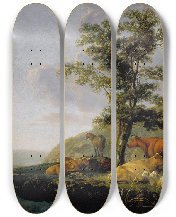 Triptych art skateboard deck of Aelbert Cuyp Cattle Near A River_2 by Aelbert Cuyp (1620-1691)