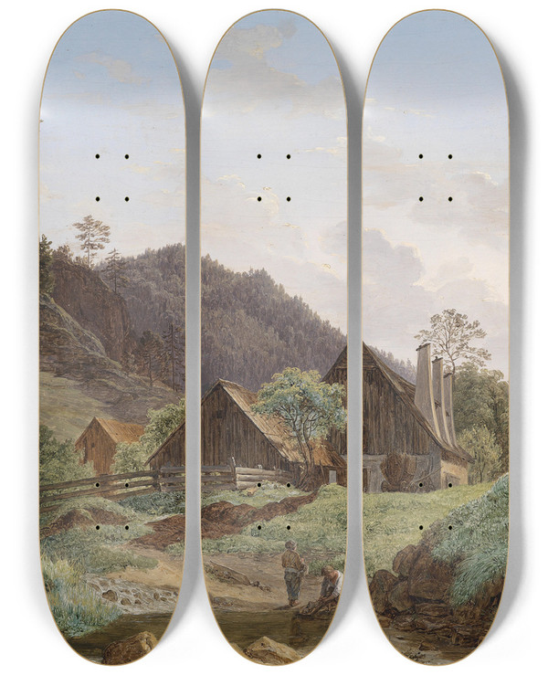 Triptych art skateboard deck of Matthias Rudolf Toma Eisenhammer In Gutenstein by Matthias Rudolf Toma (1792-1869)
