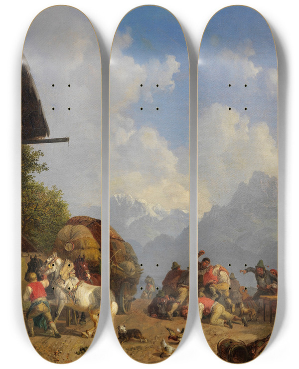 Triptych art skateboard deck of Heinrich Brkel Rauferei Vor Dem Wirtshaus by Heinrich Burkel (1802-1869)