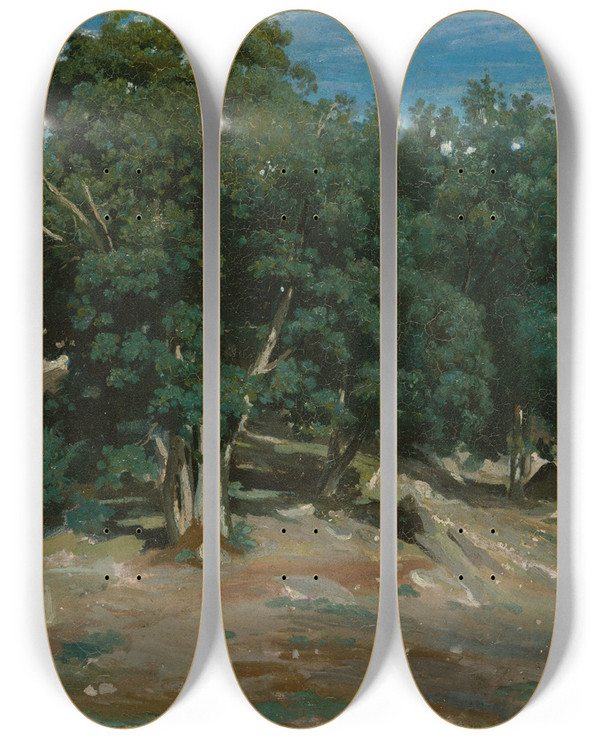 Triptych art skateboard deck of Jeanbaptistecamille Corot Fontainebleau Oak Trees At Basbrau by Jean-Baptiste-Camille Corot (1796-1875)