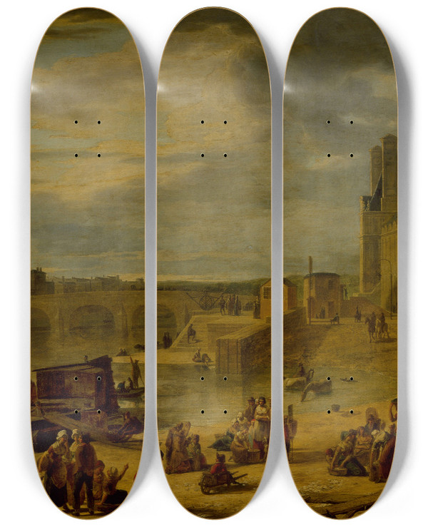 Triptych art skateboard deck of Jeanfranois Depelchin La Grande Galerie Du Louvre Et Le Pont Royal Vus Du Port Saintnicolas by Jean-Franois Depelchin (1770-1835)