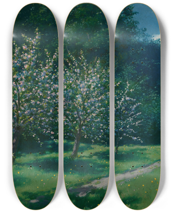 Triptych art skateboard deck of Stanisaw Witkiewicz Appletrees In Bloom by Stanislaw Witkiewicz (1851-1915)
