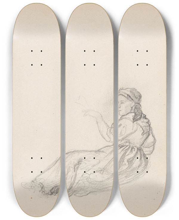 Triptych art skateboard deck of Hans Gude Liggende Kvinnefigur by Hans Gude (1825-1903)