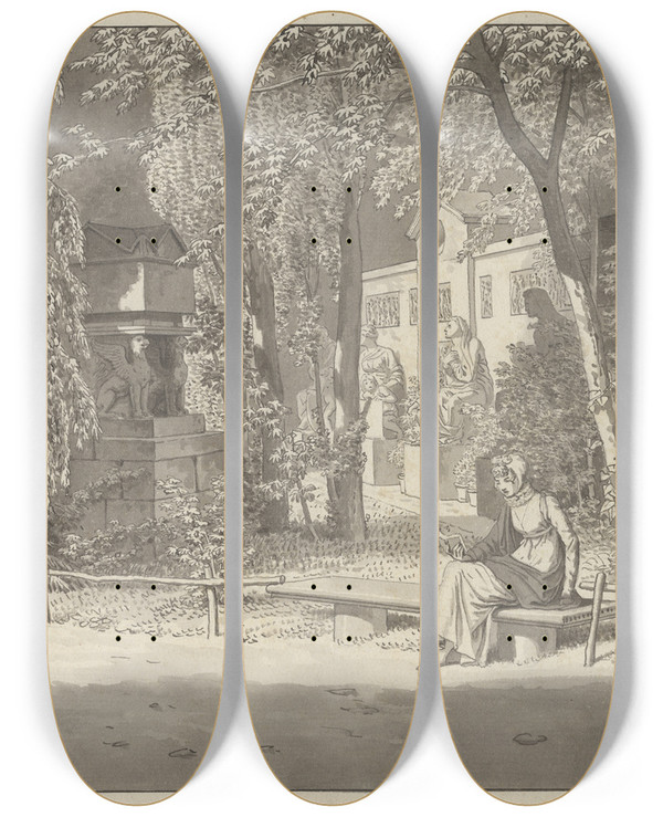 Triptych art skateboard deck of Christoffer Wilhelm Eckersberg Ved Descartes Og Condes Gravmler I Jardin Elyse Des Petits Augustins Paris by Christoffer Wilhelm Eckersberg (1783-1853)