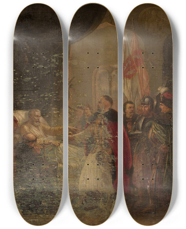 Triptych art skateboard deck of Wadysaw Majeranowski Death Of The Leader by Wladyslaw Majeranowski (1817-1874)