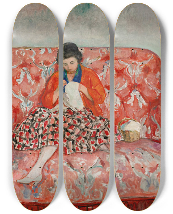 Triptych art skateboard deck of Henri Lebasque Jeune Fille Cousant Sur Un Canap by Henri Lebasque (1865-1937)