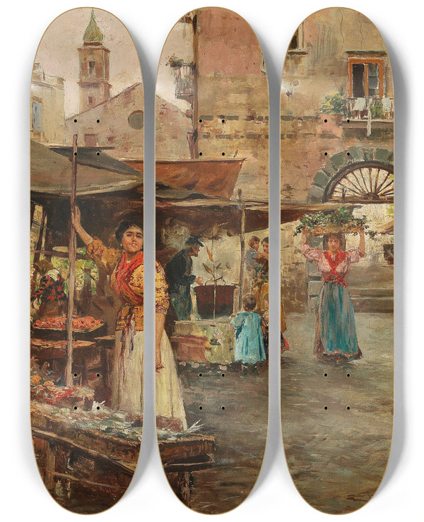 Triptych art skateboard deck of Pietro Scoppetta A Market Scene In Naples by Pietro Scoppetta (1863-1920)