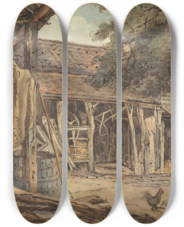 Triptych art skateboard deck of William Henry Hunt A Farmyard by William Henry Hunt (1790-1864)