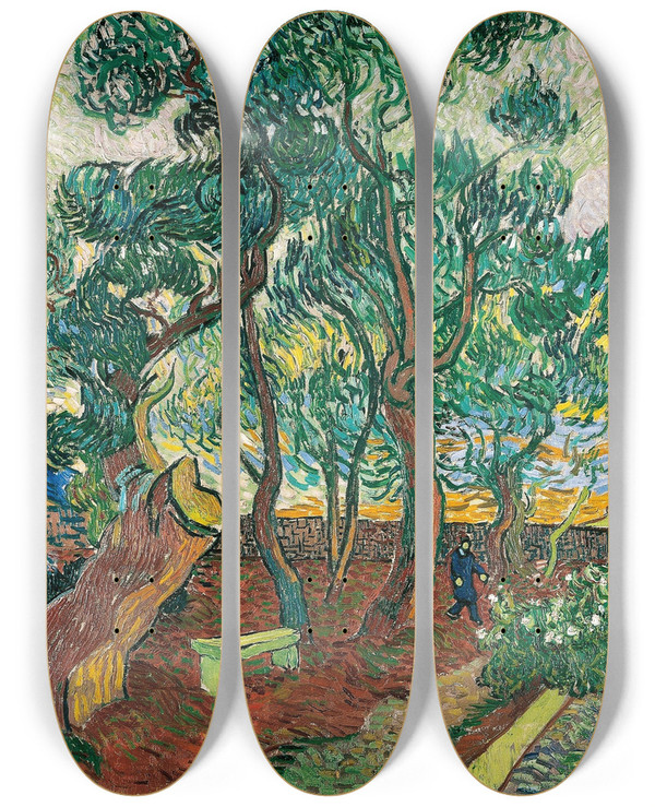 Triptych art skateboard deck of Vincent Van Gogh The Garden Of Saintpaul Hospital by Vincent van Gogh (1853-1890)