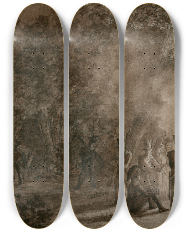 Triptych art skateboard deck of Otto Howen Bivakkerende Soldaten Bij Een Kampvuur by Otto Howen (1774-1848)