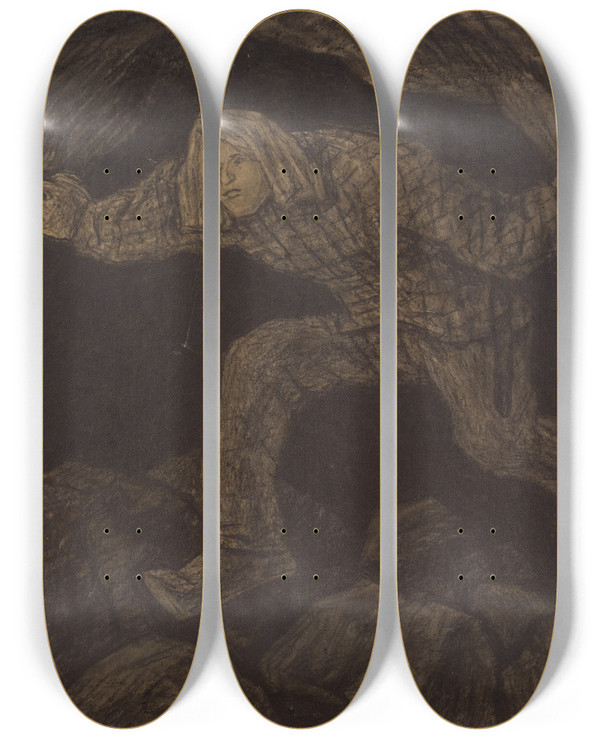 Triptych art skateboard deck of Kristjan Raud Kalevipoeg Sammub Lbi Urka Prgu by Kristjan Raud (1865-1943)