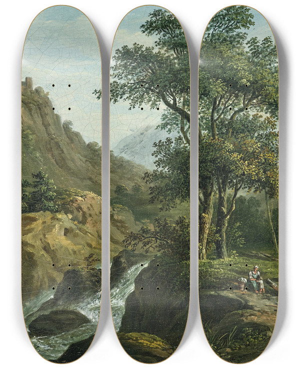 Triptych art skateboard deck of Rudolf Matthias Toma Loggers By A River by Matthias Rudolf Toma