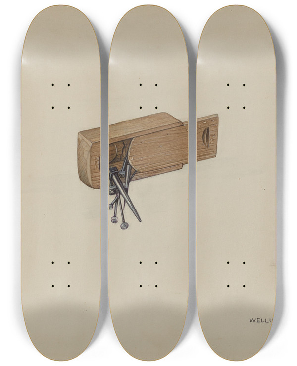 Triptych art skateboard deck of Wellington Blewett Box For Nails And Pins by Wellington Blewett (20-)