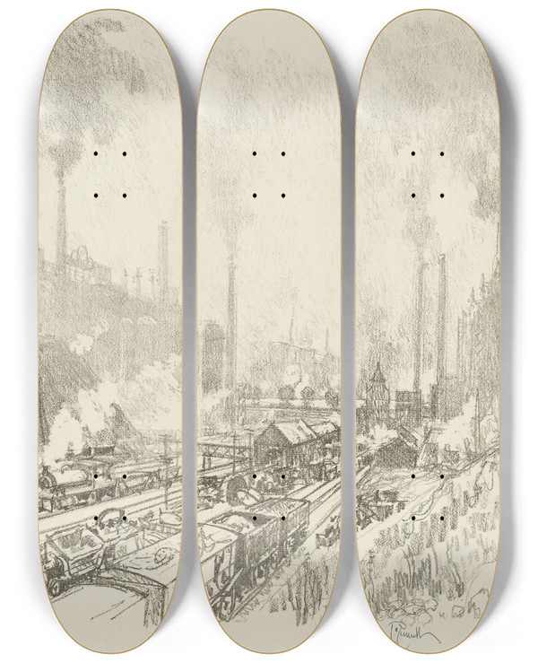 Triptych art skateboard deck of Joseph Pennell In The Land Of Iron And Steel by Joseph Pennell (1857-1926)