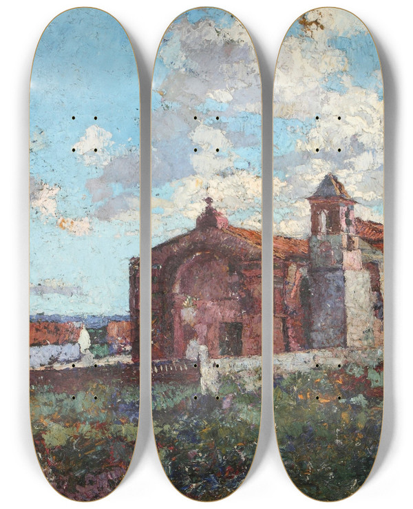 Triptych art skateboard deck of Fernando Fader Capilla De Ischiln by Fernando Fader (1882-1935)