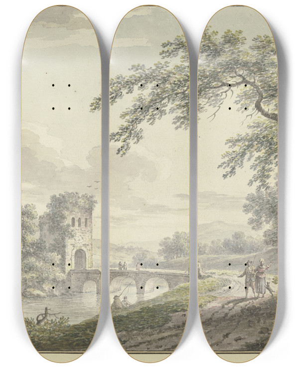 Triptych art skateboard deck of Johann Heinrich Mntz Landschaft Mit Einer Brcke Und Turm Rechts Unter Einem Baum Ein Paar Mit Einem Hund by Johann Heinrich Muntz (1727-1798)