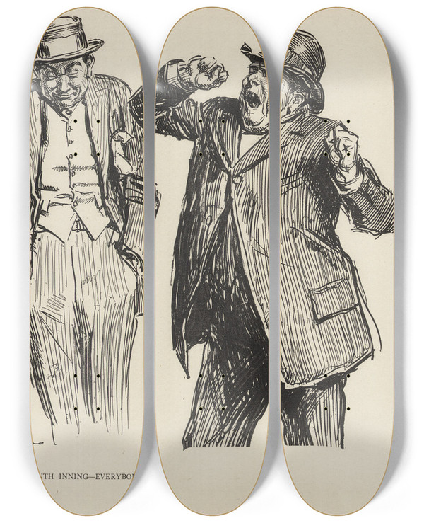 Triptych art skateboard deck of Charles Dana Gibson Seventh Inning Everybody Up by Charles Dana Gibson (1867-1944)